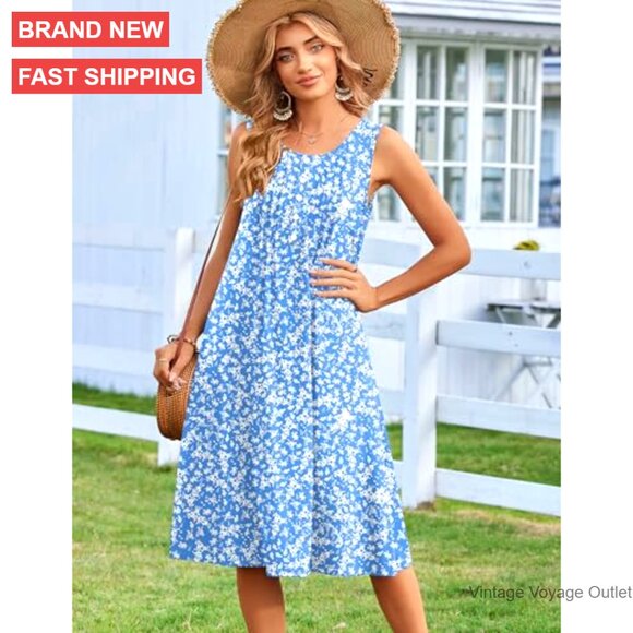 Flowy A-Line Midi Tank Dress with Pockets Casual Summer Sundress - Picture 4 of 7